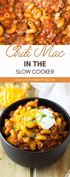 chili macaroni in the slow cooker with cheese and sour cream on top