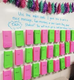 pink and green sticky notes pinned to a white board with writing on it that says use one index mark