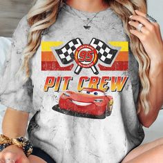 Vintage Disney Cars Pit Crew Lightening Mcqueen Shirt 1 Cars Disney Outfit, Disney Crew Neck T-shirt With Sublimation Print, Sublimation Print Crew Neck T-shirt For Disney Fan Events, Crew Neck T-shirt With Sublimation Print For Disney Fans, Pop Culture Crew Neck Tops For Disney Fan Events, Disney Villain Shirt, Toy Story Shirt, Minnie Shirt, Epcot Shirts