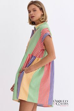 Nothing says spring/summer fun like our Nikki Multi-Color Stripes Shirt Mini Dress. This fun easy dress boasts a delightful array of colors, and the button-down design and side pockets adds practicality while ensuring ease of wear. The inclusion of a lining ensures both comfort and confidence, allowing you to embrace every moment. The allure of this dress lies in its versatility. Whether you're strolling through sun-kissed streets or attending a daytime soirée, pair it with cute wedges, sandals Shirt Mini Dress, Cute Wedges, Easy Dress, Wedges Sandals, Mini Shirt Dress, Sleeveless Mini Dress, Trim Detail, Color Stripes, Sun Kissed