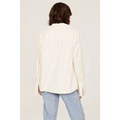 Off-white chambray (100% Cotton). Top. Long sleeves. Collar. Front button closure. 33.5" from shoulder to hemline. Imported. White Tops With Roll-up Sleeves For Everyday, Chic White Blouse With Roll-up Sleeves, White Button-up Shirt For Casual Gatherings, Fall Shirt With Rolled Sleeves For Day Out, White Button-up Top With Rolled Sleeves, White Button-up Tops For Fall, Cotton Button-up Blouse For Fall, White Button-up Blouse With Rolled Sleeves, White Rolled Sleeves Button-up Blouse