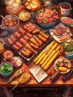 an image of a table full of food that includes meats, corn and vegetables