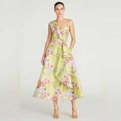 Worn Once, Perfect Condition, Yellow/Green With Pink Flowers, One Shoulder Theia Dresses, Tea Length, Tea Length Dresses, Fit And Flare, One Shoulder, Pink Flowers, Colorful Dresses, Midi Dress, Yellow