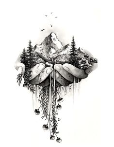 two hands holding trees and mountains with birds flying above them, in the middle of a drawing