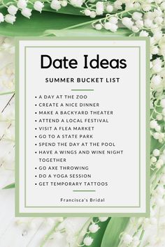 the date ideas list for summer bucketlist is shown with lily of the valley flowers