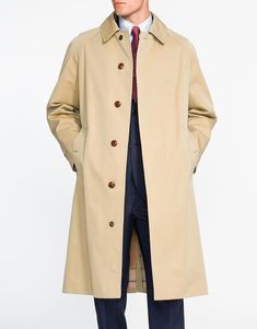 X Grenfell Tan Cotton Raincoat | Men's Sport Coats - J. Press Classic Gabardine Raincoat For Spring, Classic Long Raincoat For Fall, Classic Spring Gabardine Raincoat, Classic Spring Raincoat In Gabardine, Classic Khaki Outerwear With Hidden Buttons, Solid Gabardine Winter Raincoat, Winter Solid Gabardine Raincoat, Classic Workwear Raincoat With Button Closure, Classic Button Closure Raincoat For Work