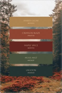 This palette captures the warm, earthy tones of an autumnal forest, blending rich browns, reds, and greens. The colors evoke the cozy feeling of being surrounded by nature during the fall season. This palette would work well for design projects with a natural, rustic aesthetic. ‎‎ fall colors, fall, thanksgiving, color palette, color, colors, color inspo, inspiration, moodboard, graphic design, brand color, logo color, branding, brand, color palette collection, color combination, tones, pantone, color theory, aesthetic Thanksgiving Color Palette, Moodboard Graphic Design, Earthy Tones Aesthetic, Theory Aesthetic, Fall Color Palettes, Cozy Colors Palette, Rustic Color Palettes, Color Branding, Thanksgiving Color