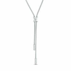 Elevate her casual or dressy attire with this versatile fashion necklace. Crafted in sterling silver, this attractive lariat style features a pair of slender chain dangles suspended beneath a petite "X"-shaped design. Buffed to a brilliant luster, this 17.0-inch fancy chain necklace secures with a lobster claw clasp. Silver Sterling Silver Lariat Necklace With Adjustable Length, Elegant Adjustable Y-shape Chain Necklace, Modern White Gold Lariat Necklace, Silver Chain Lariat Necklace, Minimalist White Gold Sterling Silver Lariat Necklace, Minimalist White Gold Lariat Necklace, Classic Lariat Necklace Gift, Classic Lariat Necklace For Gifts, Sterling Silver Minimalist Lariat Necklace