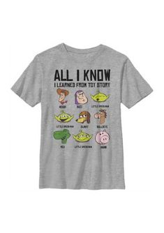 a gray t - shirt that says, all i know is learned from toy story