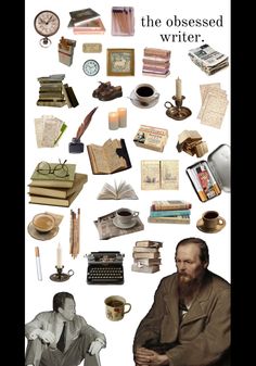 an image of a man surrounded by books and other things that are on the page