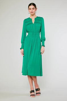 Aida Smocked Midi Dress – CURRENT AIR Green Midi Dress With Gathered Sleeves For Party, Elegant Long Sleeve Smocked Dress With Smocked Cuffs, Elegant Long Sleeve Smocked Dress, Green Ruched Midi Dress, Spring Midi-length Long Sleeve Dress With Gathered Sleeves, Spring Midi Long Sleeve Dress With Gathered Sleeves, Spring Long Sleeve Midi Dress With Gathered Sleeves, Green Ruched Midi Dress For Fall, Elegant Long Sleeve Smocked Dress With Elastic Sleeves