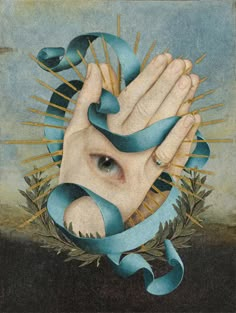 a painting with blue ribbons around it's hands and the image of a hand holding a snake