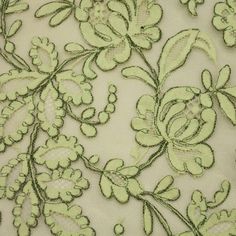 Transform any outfit into something extra special with this Light Green Floral French Corded Lace. This exquisite corded lace is sure to make a beautiful impression, perfect for weddings, galas, and other special occasions. Its detailed flowering vines and vine scroll motifs are reminiscent of French designs and offer a timelessly elegant look. The embroidered pattern of flowers and scrolling arrangements are highly complex and add intricate texture to your fabrics. The delicate edging of the lace pairs with a luxe scalloped edge to seal the deal for that final sophisticated touch. This romantic fabric is the perfect accessory for your formal occasion look with its light green hue. Make this beautiful French lace a part of your wardrobe for a timelessly elegant addition! Color Light Green Elegant Green Embroidered Fabric For Spring, Lace Fabric Texture, French Designs, Embroidered Patterns, Green French, Alencon Lace, Creative Embroidery, Corded Lace, Green Brands