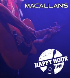 a man playing an acoustic guitar with the words happy hour live in front of him