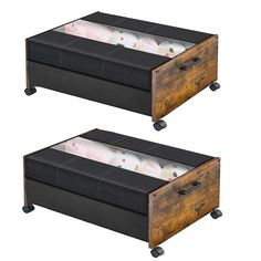 two wooden boxes with drawers on wheels are shown side by side, one is open and the other is closed