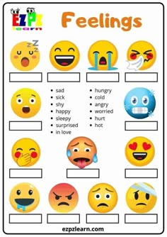 feelings worksheet with different emoticions and expressions for kids to use in the classroom