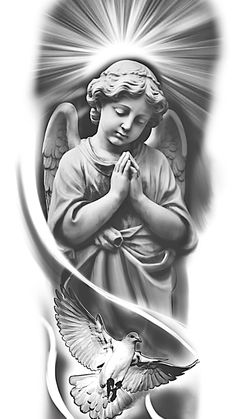 an angel with wings and a dove on it's chest is shown in black and white