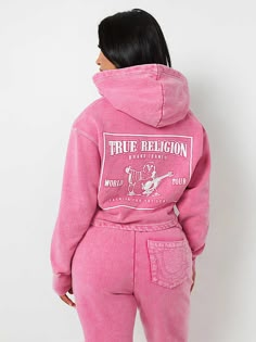 VINTAGE WASH V NOTCH HOODIE | True Religion Matte Brand Outfit, Luxury Hoodie Women, Pink True Religion Hoodie, Hoodie With Fur Hood, Popular Clothes 2024, True Religion Set, True Religion Tracksuit, Styles For Women, Winter Fits Comfy