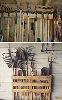 there are many different types of gardening utensils hanging on the wall in this room