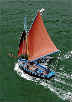 a sailboat with red sails is in the water