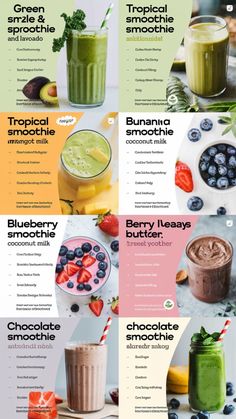 a series of photos showing different types of smoothies