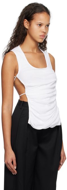 Semi-sheer cotton jersey tank top. · Scoop neck · Gathering and draping at front · Strap detailing and self-tie straps at back Supplier color: White Summer Camisole With Built-in Bra And Scoop Back, Sleeveless Summer Tops With Ruched Back, Chic Summer Tops With Ruched Back, Chic Summer Tank Top With Scoop Back, Summer Tops With Ruched Back, Fitted Summer Tank Top With Scoop Back, Fitted Backless Top For Summer, Summer Fitted Backless Top, Fitted Scoop Back Tank Top For Summer