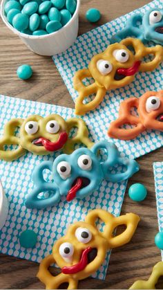 these cookies are decorated with googly eyes and gummy noses for the kids to make