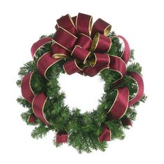 a christmas wreath with red and gold ribbons