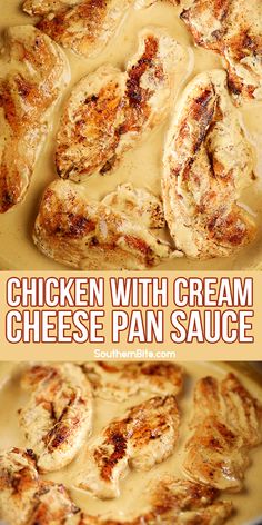 chicken with cream cheese pan sauce in a skillet, and then cooked on the stove