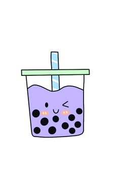 a purple drink with a straw sticking out of it's side and eyes drawn on the bottom