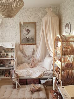 a bedroom with lots of furniture and decor on the walls, including a canopy bed