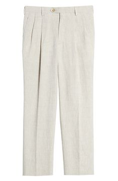 A tailored fit in summer-friendly linen puts these pants in the must-have category. Style Name:Berle Pleat Front Linen Pants. Style Number: 6033020. Available in stores. Beige Linen Dress Pants For Workwear, High-waisted Linen Dress Pants For Workwear, Tailored Linen Dress Pants For Work, Linen Wide Leg Dress Pants For Spring, Spring Wide Leg Linen Dress Pants, Spring Linen Wide Leg Dress Pants, Elegant Linen Dress Pants For Spring, Tailored Beige Linen Pants, Tailored Linen Pants With Welt Pockets