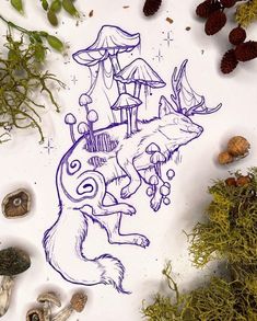 a drawing of a fox and mushrooms on a sheet of paper