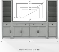 an entertainment center with two doors and three drawers, measurements for the width of the cabinet