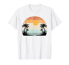 PRICES MAY VARY. If your favorite holiday is a tropical summer vacation then this design is exactly for you! Grab this design when your vacay mode is on or if you feel summer vibes on a tropical holiday trip to an exotic beach with sunset and coconut palm trees! Lightweight, Classic fit, Double-needle sleeve and bottom hem Cheap Custom Print Shirt For Beach Season, Sunset Tropical, Retro Tropical, Beach Dress Summer, Summer Humor, Exotic Beaches, Tropical Holiday, Vintage Sunset, Tropical Summer