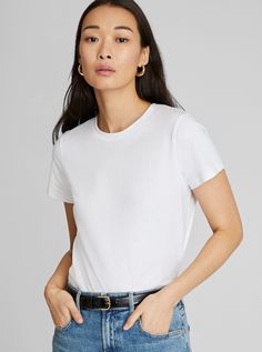 Our version of the perfect T-shirt. Softly structured with a streamlined fit that's refined enough for trousers and easy enough for denim. In 100% pima cotton for all-day comfort. You'll want more than one. Everyday White Stretch T-shirt, White Relaxed Fit Cropped T-shirt For Everyday, Perfect White Tee Shirt, White Relaxed Fit Basic T-shirt, H&m White Relaxed Fit T-shirt, White Relaxed Fit T-shirt With Logo, Perfect White Tee, White Tee Shirts, Club Monaco