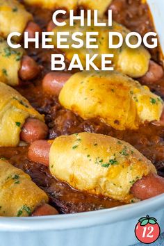 chili cheese dog bake in a baking dish