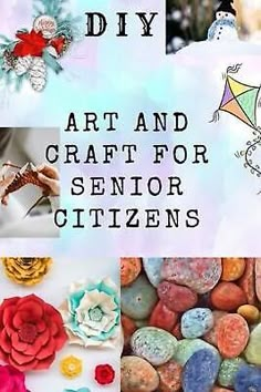 several different pictures with the words art and craft for senior citizens written in white letters