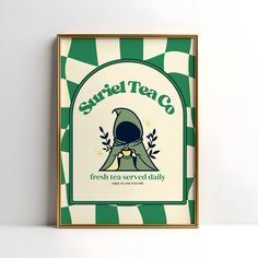 a green and white poster with an image of a person in a tent on it