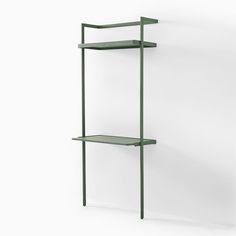 a green shelf with two shelves on each side