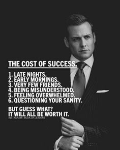 a man in a suit and tie with the words, the cost of success on it