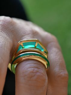 Plique-á-jour translucent enamel windows 18K Italian Yellow Gold durable finish for everyday wear Designed and created in Los Angeles California. Gold Enamel Jewelry, Everyday Luxury, Precious Jewels, Mom Jewelry, 18k Gold Ring, Cloisonne Enamel, Enamel Ring, Fine Jewelry Designers, Green Enamel