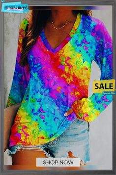 Casual Long Sleeve V Neck Printed Top T-shirt Casual Long Sleeve Graphic T-shirt, Multicolor Long Sleeve T-shirt For Summer, Casual Multicolor Print V-neck T-shirt, Spring Long Sleeve Printed T-shirt, Multicolor Print V-neck Top For Fall, Spring V-neck Graphic Tee, Casual Long Sleeve T-shirt With Sublimation Print, Trendy Long Sleeve Tops With Sublimation Print, Casual Multicolor Print T-shirt For Spring