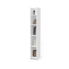 a tall white bookcase with books on the top and bottom shelves in different sizes