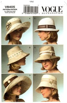 Vogue V8405 - Unused pattern. Never cut/totally complete/factory folded. Envelope in very good condition with a few wrinkles. Instructions included. Vogue Accessories Series Hats:  Package contains patterns and instructions for four styles of hats in size small, medium or large. (See photo 2 above for all hat measurements.  Use the zoom magnifier to read the small print.) Copyright year: 2007 Hard to find OOP (Out-Of-Print) pattern! For USA & international shipping rates click shipping tab above 2000s Accessories, Vogue Accessories, Bucket Hat Pattern, Envelope Pattern, Easter Hats, Denim Bucket Hat, Hat Patterns To Sew, Hats And Scarves, Vogue Sewing