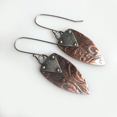 Mixed Metal Spear Earrings - Janice Abarbanel Copper And Silver Jewelry, Bohemian Brass Jewelry With Oxidized Finish, Artistic Metal Earrings With Patina, Artisan Brass Earrings With Oxidized Finish, Artisan Oxidized Brass Earrings, Rustic Brass Earrings With Patina, Spear Earrings, Rivet Jewelry, Diy Armband