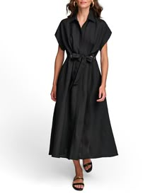 Donna Karan Short Sleeve Point Collar Tie Waist Linen Blend Midi A-Line Dress | Dillard's Elegant Workwear Maxi Dress With Tie Fastening, Elegant Tie Fastening Maxi Dress For Work, Elegant Maxi Dress With Tie Fastening For Work, Chic Belted Viscose Maxi Dress, Spring Belted Shirt Dress With Spread Collar, Belted Shirt Dress For Daywear, Chic Midi Dress With Placket, Casual Daywear Dresses With Belted Cuffs, Casual Dresses With Belted Cuffs