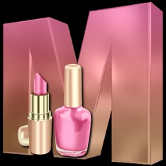 a bottle of lipstick next to a pink box with the letter m on it and a gold cap