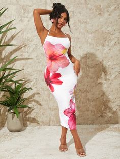 Summer Vacation Holiday Beach Rainforest Women's Tight-Fit Long Dress With Backless Floral Spaghetti Strap Design Vacation Outfits Women White Casual  Sleeveless Knitted Fabric Floral,Plants,All Over Print Cami High Stretch Fall Women Clothing, size features are:Bust: ,Length: ,Sleeve Length: Summer Halter Neck Bodycon Dress With Straps, Summer Bodycon Dress With Strappy Shape, Summer Backless Bodycon Dress For Brunch, Backless Bodycon Dress For Summer Brunch, Halter Neck Bodycon Dress For The Beach, Fitted Tropical Dress With Spaghetti Straps, Spring Beach Bodycon Dress With Halter Neck, Summer Backless Bodycon Dress With Straps, Spring Halter Neck Bodycon Dress For Beach