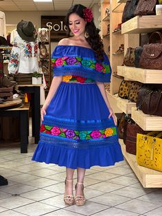 This Beautiful Off the Shoulder Mexican Dress has lace details throughout the dress. It's comfortable with elastic around the shoulder and waist, made out of cotton and is full of vibrant colors. Please note: You have the option of purchasing the dress with one of the two belt options shown for a special price or purchasing the dress on its own. Mexican Inspired Prom Dress, Mexican Dresses For Women Traditional, Salvadorian Dress, Traditional Mexican Dresses, Traditional Mexican Dress For Women, Mexican Attire Women, Mexican Dress Outfit, Mexican Women Fashion, Hispanic Dresses